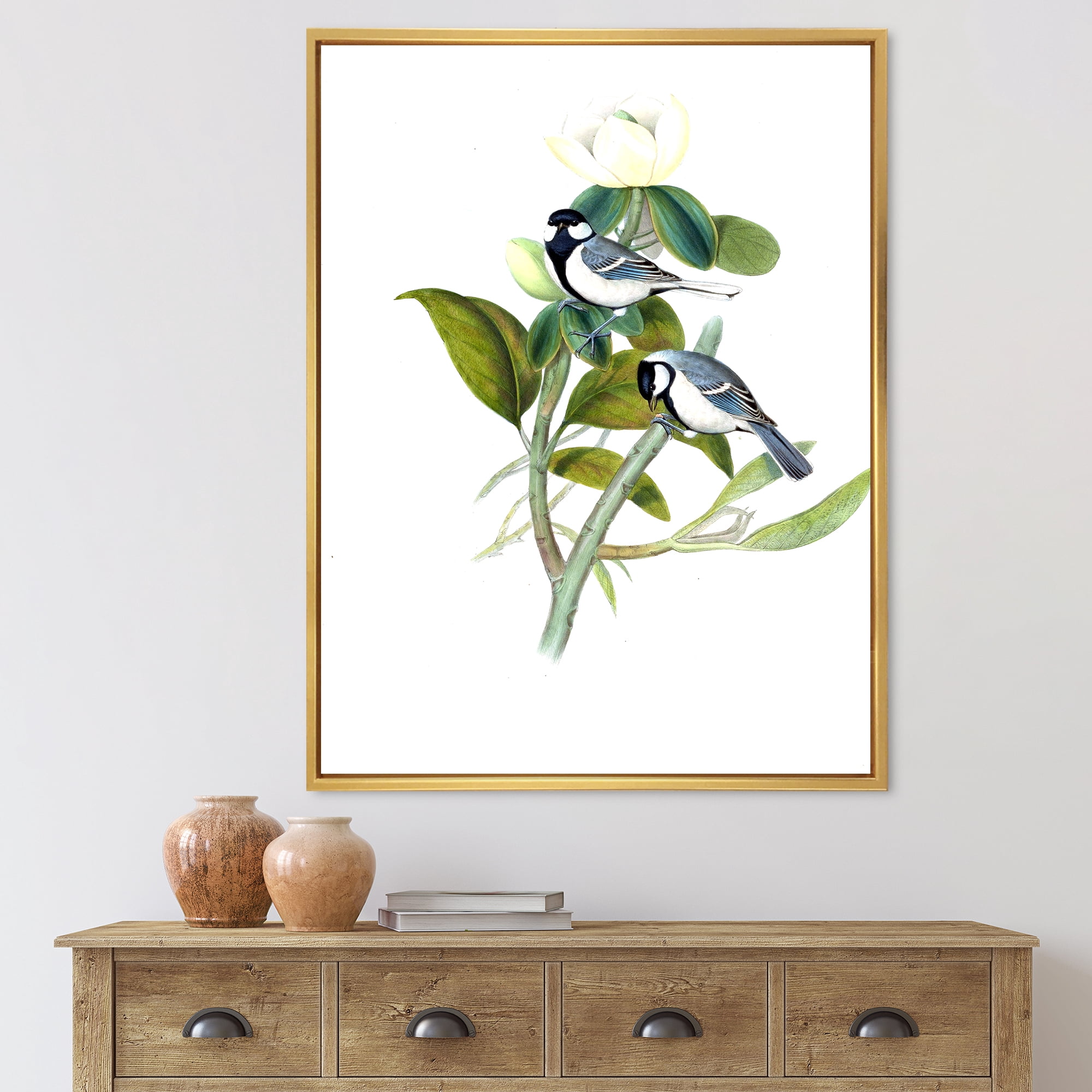 Vintage Countryside Birds On Branch I 12 in x 20 in Framed Painting Canvas Art Print, by Designart