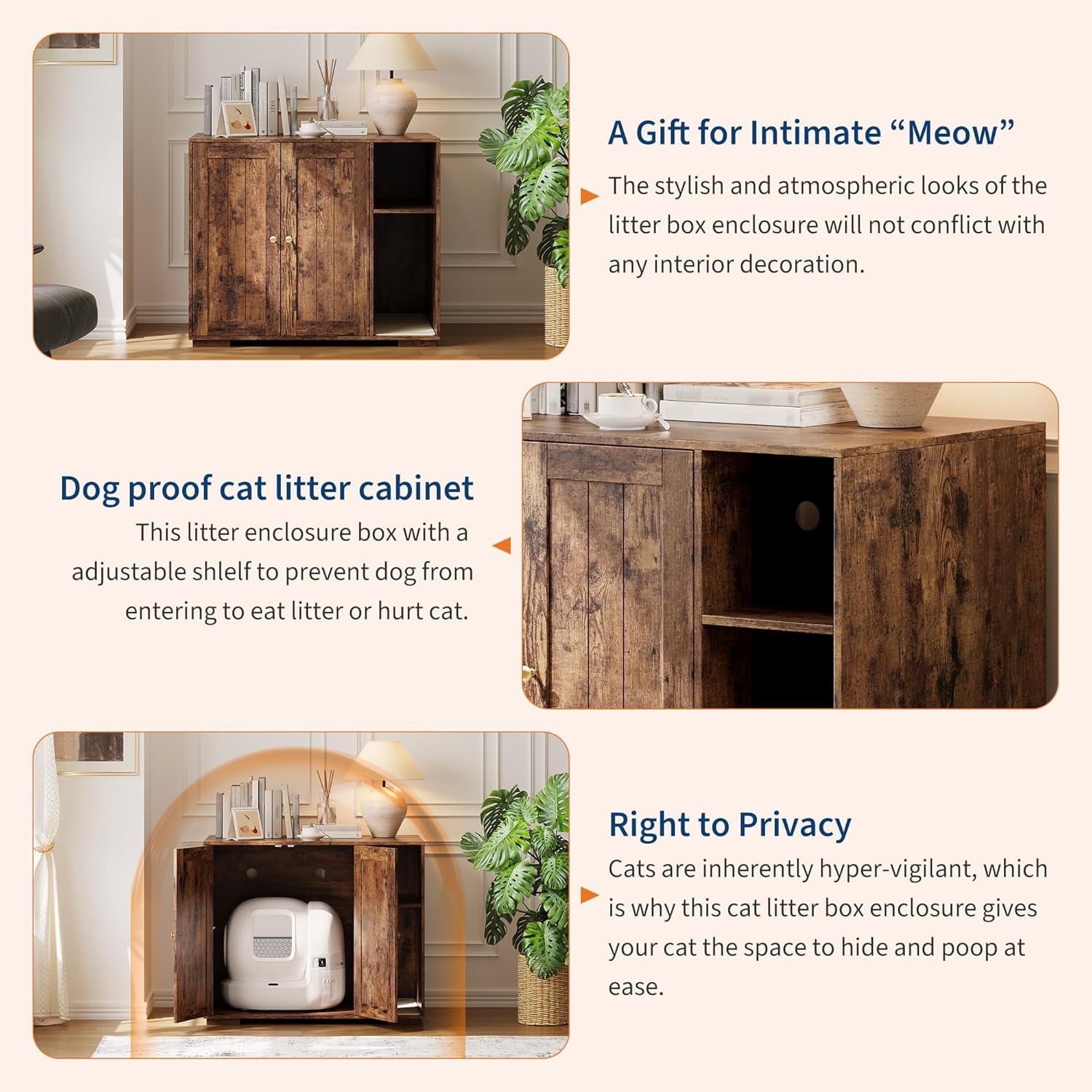 Rugerasy Farmhouse Indoor Cat House,Large Cat Litter Enclosure,Hidden Litter Box Furniture with Power Outlet and Dog-Proof Shelf,Tiger color