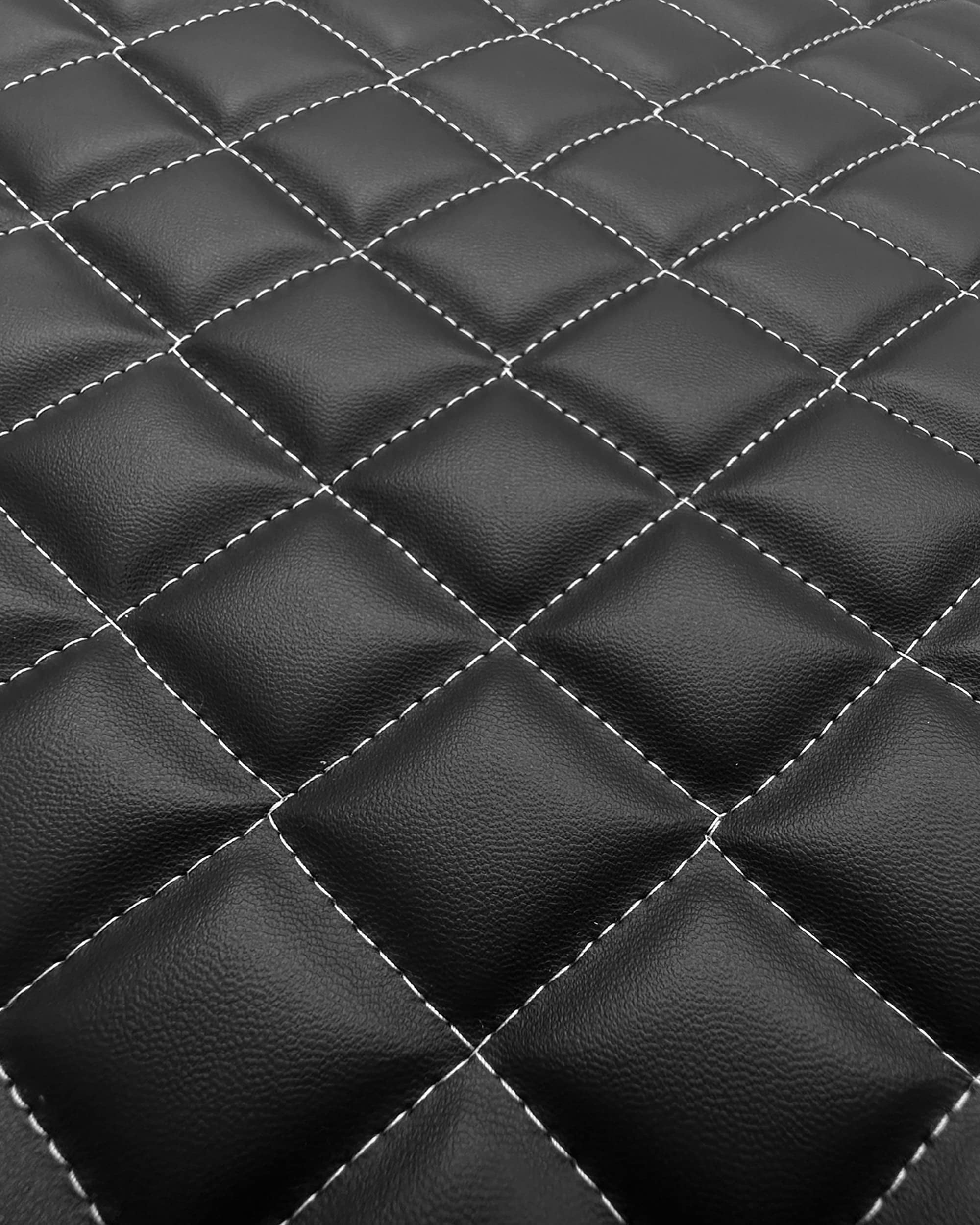 Quilted Padded Vinyl Fabric w 3/8" Foam Backing Smooth Grain Texture 2"x2" Diamond Upholstery /52" Wide/Sold by The Yard - Bar Stool, Restaurant Booth, Wall Panel, Wainscoting (Black, White Thread)