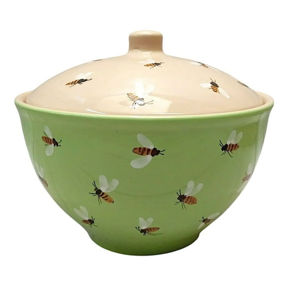 Borisovskaya Keramika Bee Clay Salad Bowl with Lid 76 fl oz (2.25 L) Hand-Painted Stoneware Serving and Mixing Bowl, Green and Beige