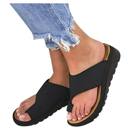 qucoqpe Comfy Flat Sole PU Leather Shoes for Womens Orthopedic Bunion Corrector Sandals Casual Summer Soft Ring Slides Flip Flops Slippers on Clearance