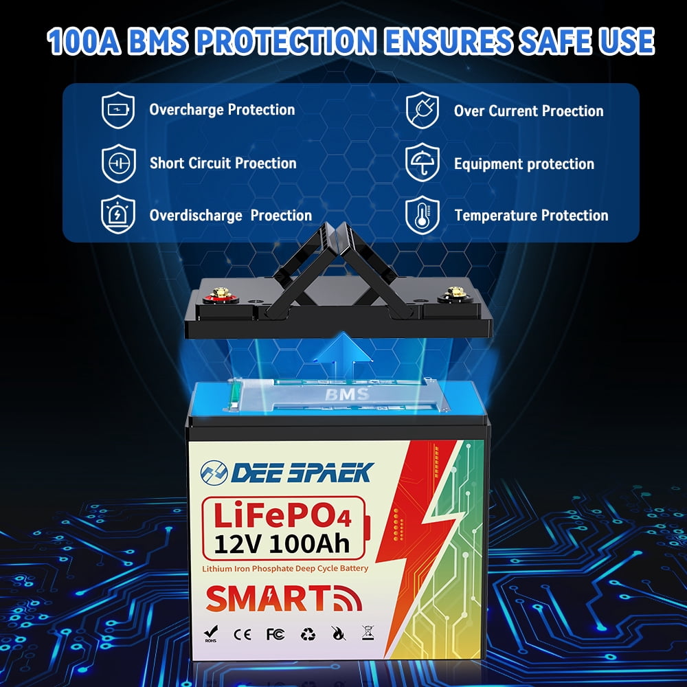 12V 100Ah Mini Lithium LiFePO4 Battery Bluetooth,for RVs,Solar,Marine,Boat,Trolling Motor,Camping,DEESPAEK Group 22NF Deep Cycle Batteries