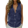 thumbnail image 2 of Womens Cotton Linen Sleeveless Button Down Shirt Collared V Neck Tank Tops with Double Pockets Casual Summer Loose Blouse Navy 2XL, 2 of 6