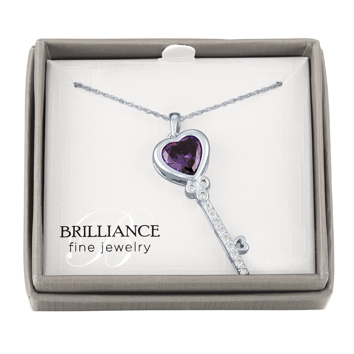 Ladies Brilliance Fine Jewelry Simulated Amethyst and CZ Sterling Silver Key Pendant, 18"