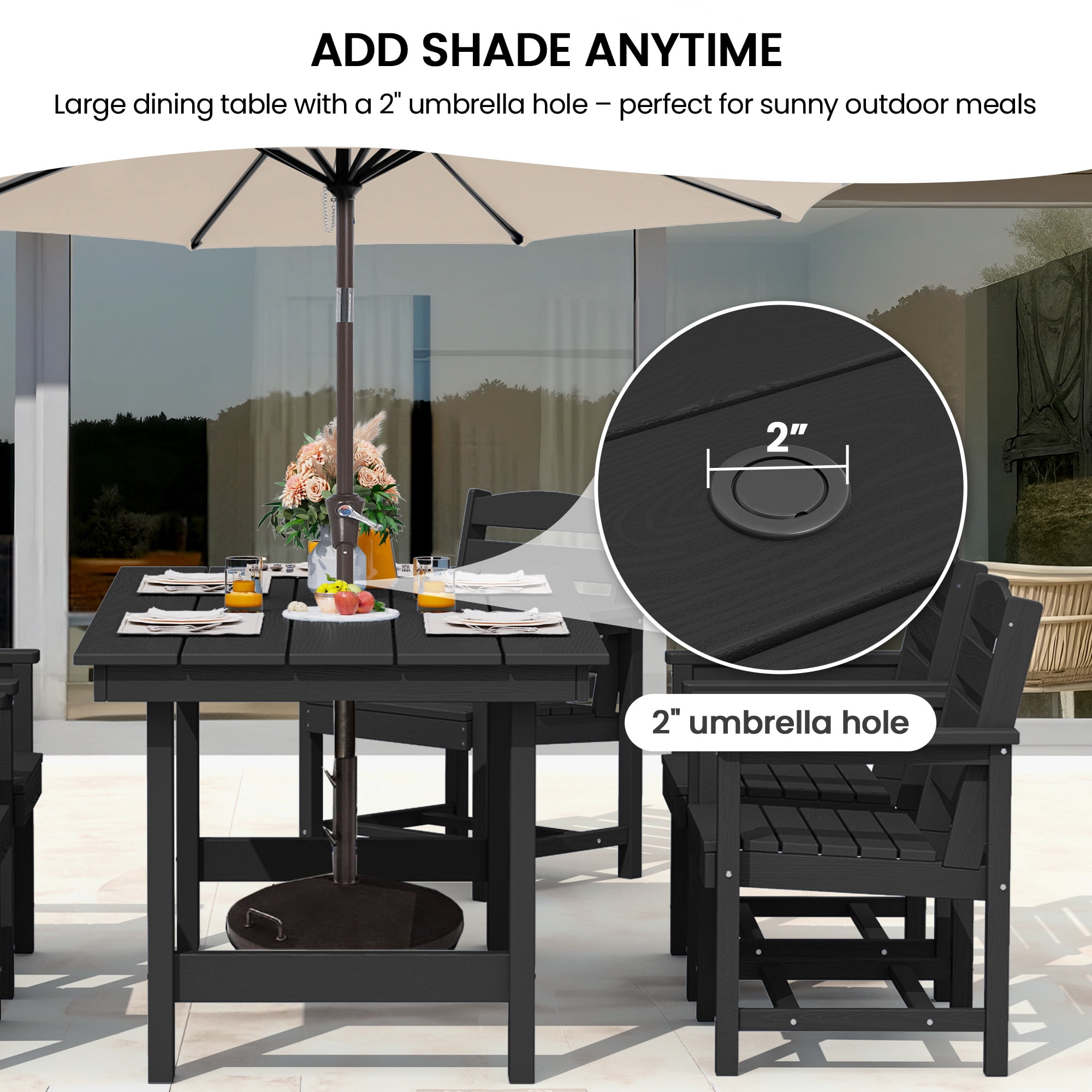 KINGYES 7-Piece Outdoor Dining Set, HDPE Patio Table and Chairs with Umbrella Hole, Black