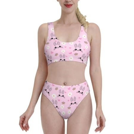 High Waisted Bikini Sets For Women  Cute Rabbit Love Flower Pink Two Piece Swimsuit Sporty Scoop Neck Bathing Suit