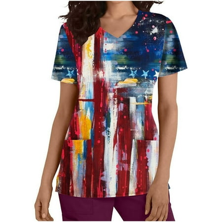 

LWZWM Summer Clothes for Women 2023 Trendy Independence Day Top V-Neck Short Sleeve Scrub Top USA Flag Yellow L