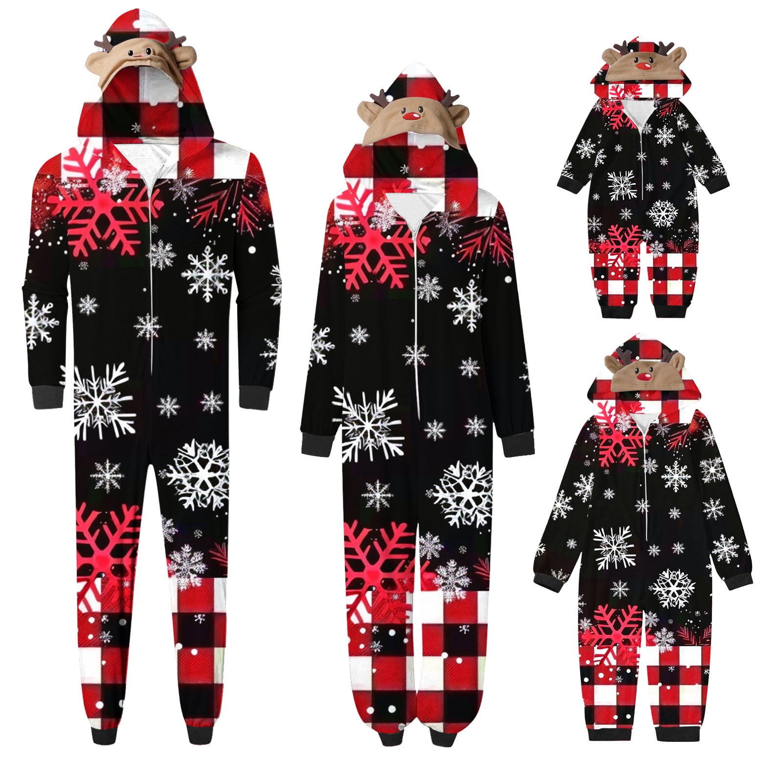 SwiftWear Black Checkered Family Pajamas Christmas Onesie Set with Reindeer Hood Design,Sleepwear & Loungewear for Women Men