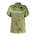 thumbnail image 4 of Summer Tops for Women Silk Button Down Satin Short Sleeve V Neck Casual Work Blouse Shirts for Women GN2 S, 4 of 5