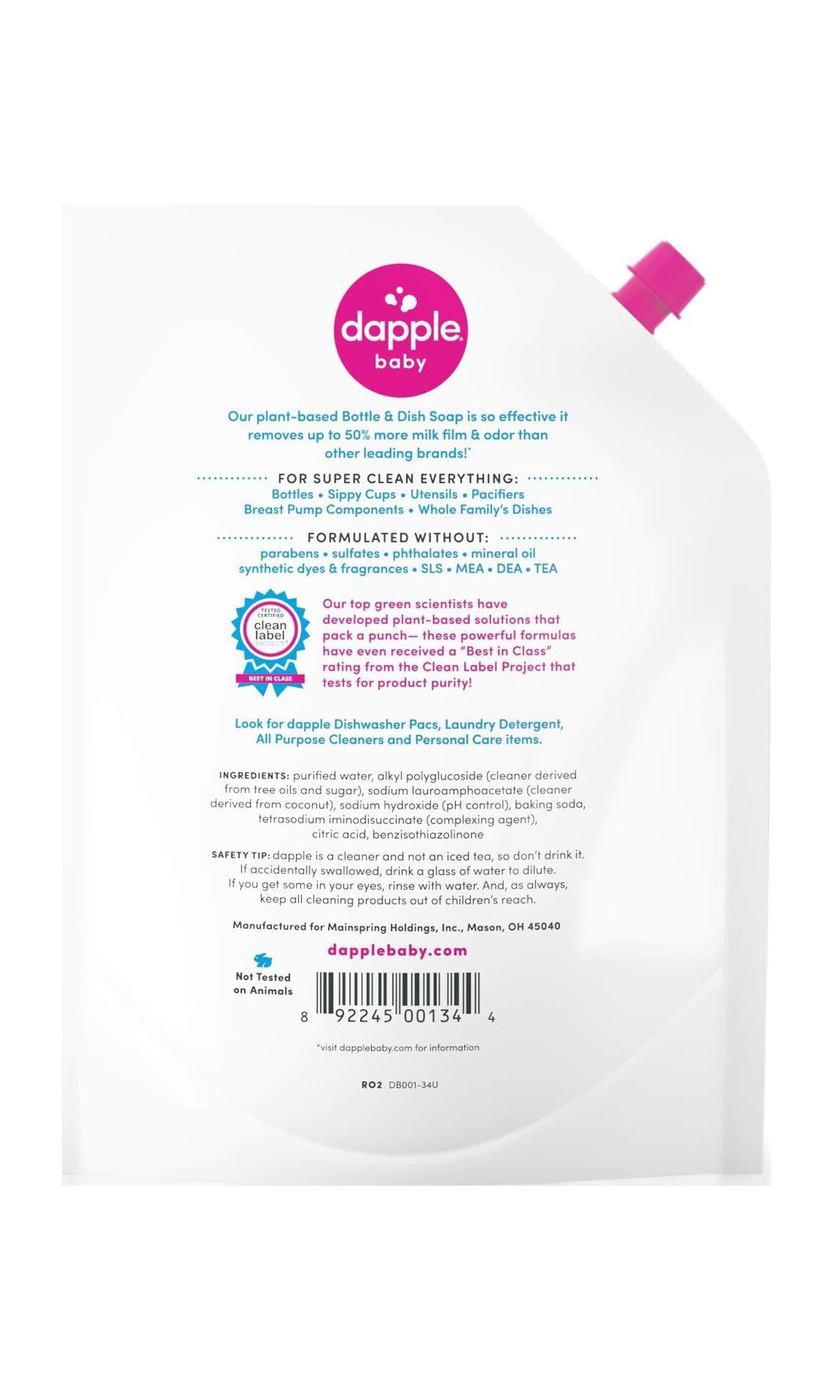 Dapple Baby, Bottle and Dish Soap Dish Liquid Plant Based Hypoallergenic 1  Pump Included, Packaging May Vary, Fragrance Free, 16.9 Fl Oz (Pack of 3)