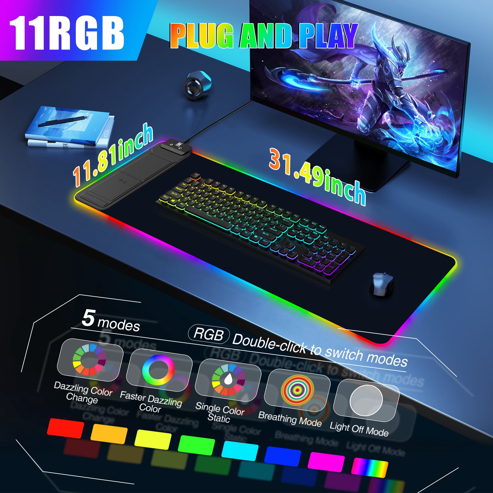 Miroddi RGB Gaming Mouse Pad with Wireless Charger, LED Mouse Mat with Phone Holder, Ultra-Smooth Surface, Non-Slip Rubber Base, Waterproof Keyboard Pad