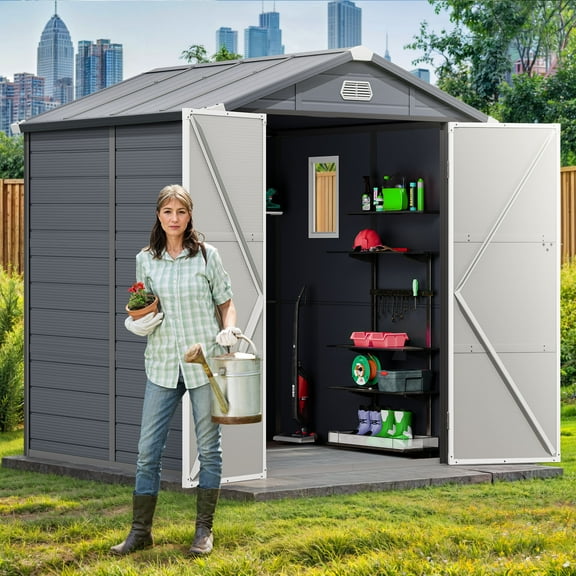 Uforic 6.3x6.2ft Outdoor Resin Storage Shed with Windows,Vents,and Secure Doors,All-Weather Plastic Storage Unit for Poolside,Lawn,Backyard,and Patio