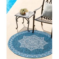 Rugs.com Outdoor Traditional Collection Rug – 4 Ft Round Teal Flatweave Rug Perfect For Kitchens, Dining Rooms