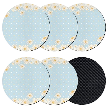 Farmhouse Daisies Coasters Set of 6 Absorbent Coasters for Drinks Sky Blue Polka Dots Minimalist Coaster for Desk Coffee Table Protection Home Decor House Warming Gifts 4