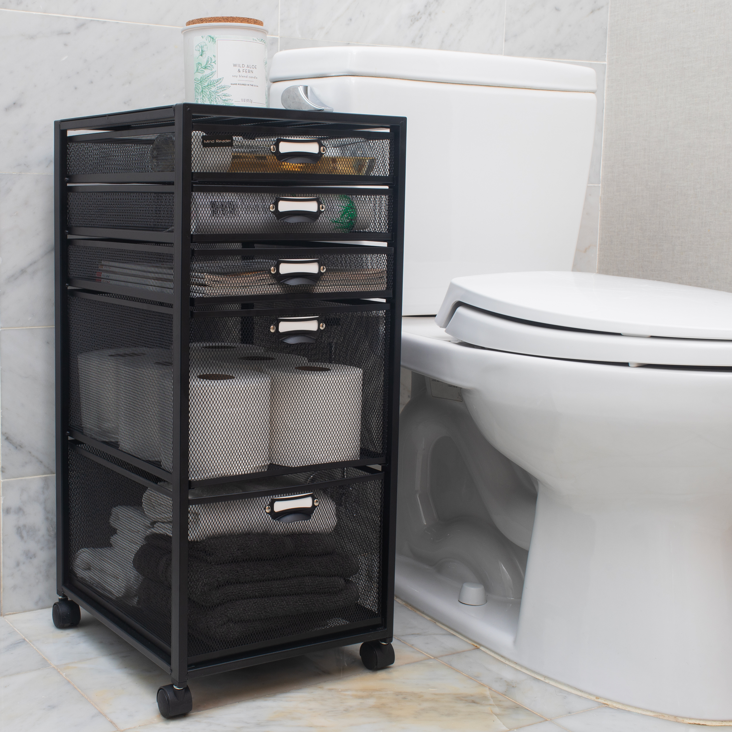 Mind Reader Vertical Office Storage Organizer with Mesh Drawers Label Holders and Optional Wheels, Metal Mesh, Black