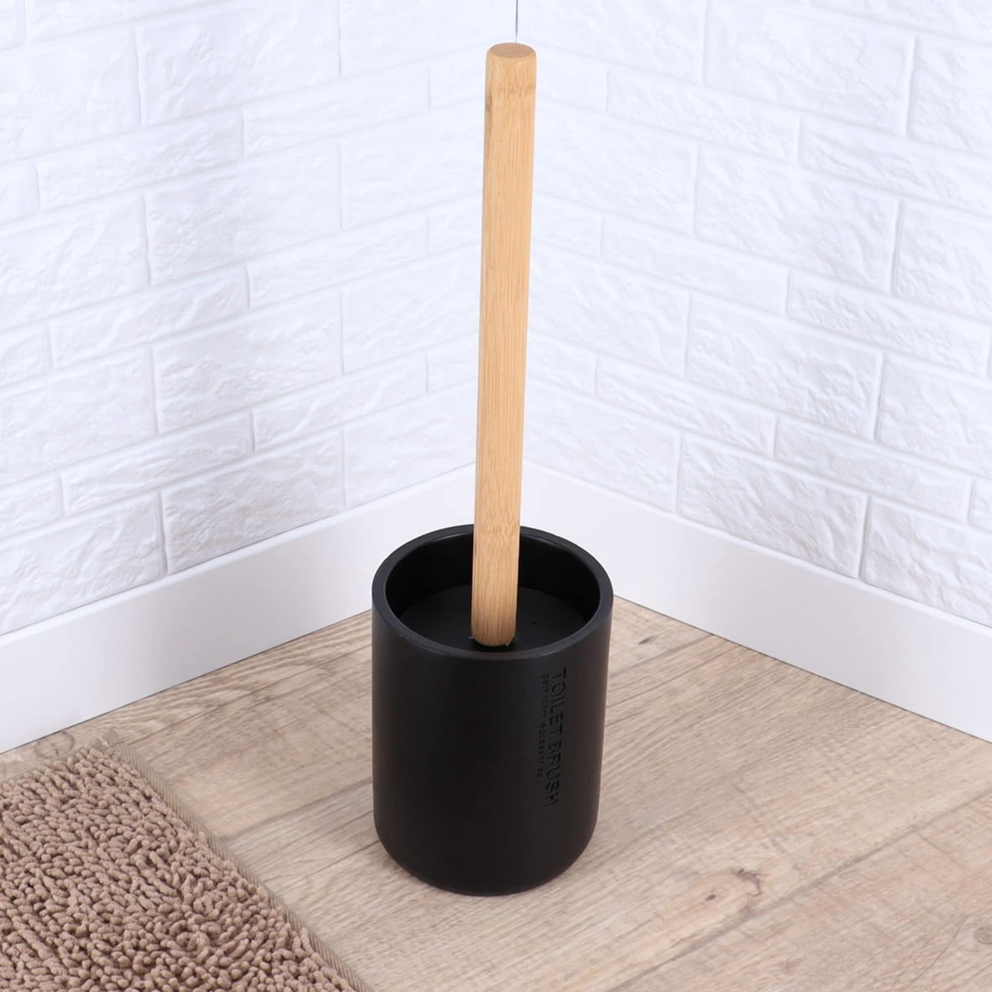 Sleek Matte Black Toilet Brush Holder with Bamboo Handle - Polyresin Bathroom Cleaning Tool Set