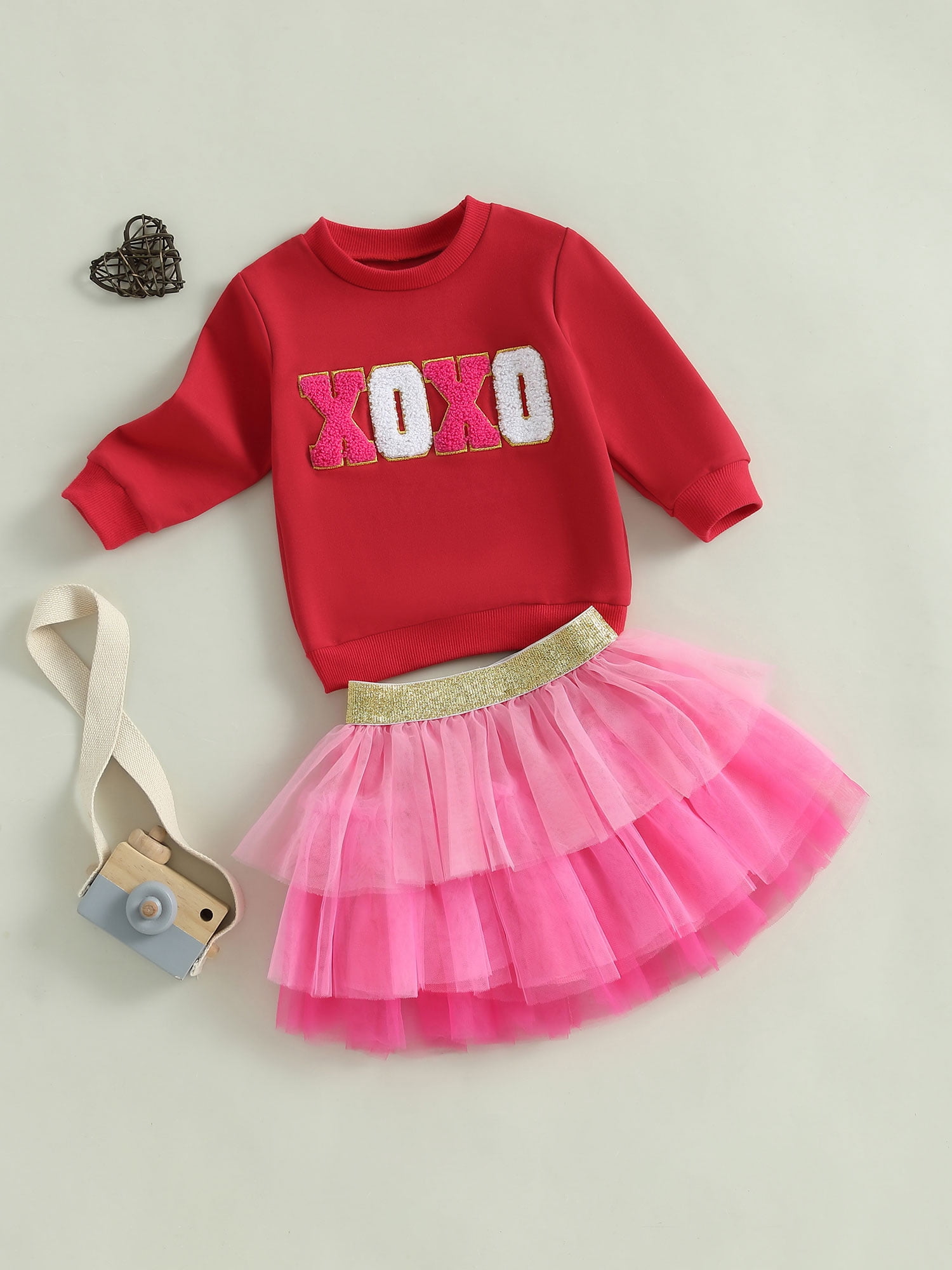 Jxzom Toddler Baby Girl Valentines Outfit XOXO Letter Embroidery Long Sleeve Sweatshirt Tops and Tulle Tutu Skirts Set 1-6 Years Cute Valentines Clothes