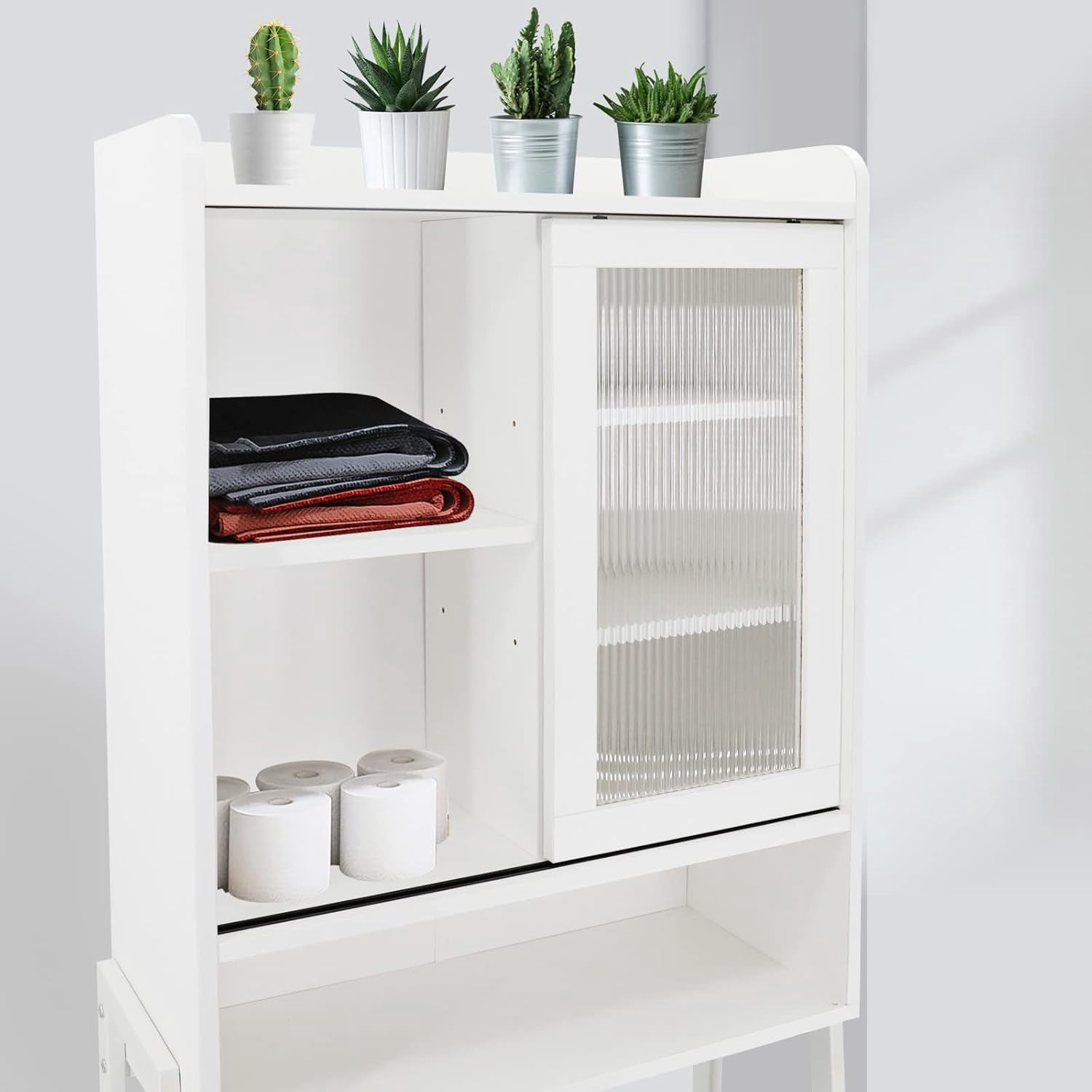 Reliancer Over The Toilet Storage Cabinet with Adjustable Shelves, Bathroom Space Saver Organizer Shelves, Freestanding Space Saver with Acrylic Sliding Door, Metal Frame, White