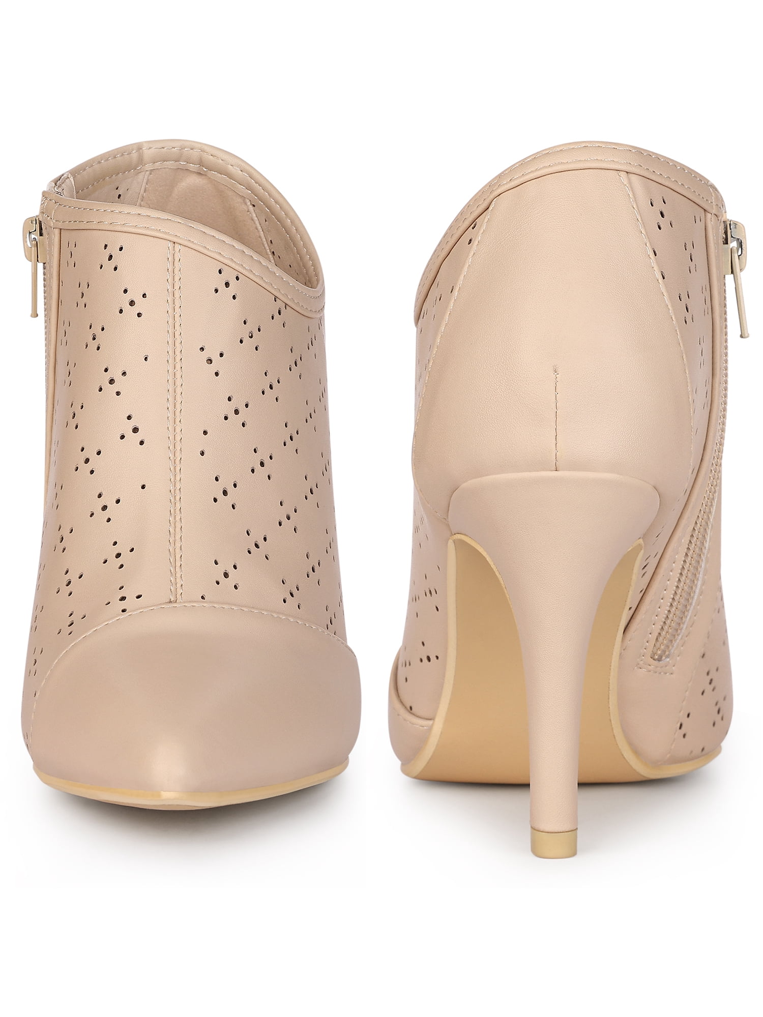DARING DIVA Women's Perforated Pointy Toe Zipper Stiletto Heeled Ankle Boots Nude 6.5