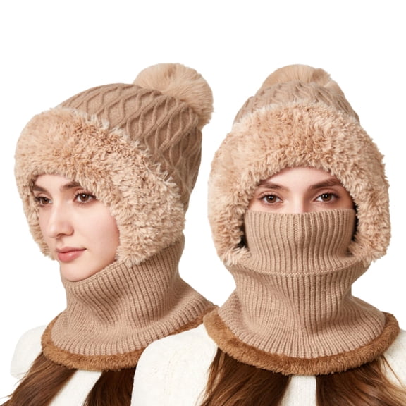 Women Winter Integrated Knit Hat - Plush Beanie With Neck Warmer Cover, Ear Flap Windproof Warm Stocking Stuffers, Winter Gifts For Girls Teen Girls Christmas Gifts for Teens