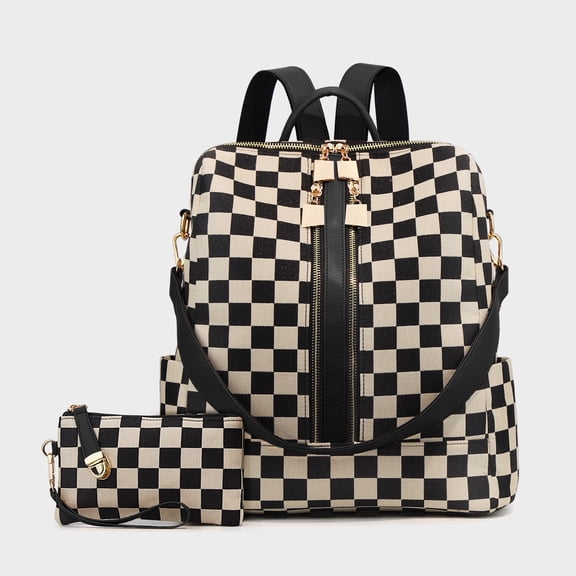 AOMRCOL 2Pcs Checkered Backpack for Women Leather Backpack with Wallet Plaid Back Pack Checkered Backpacks with Cherry Charm Checkered Backpack Purse
