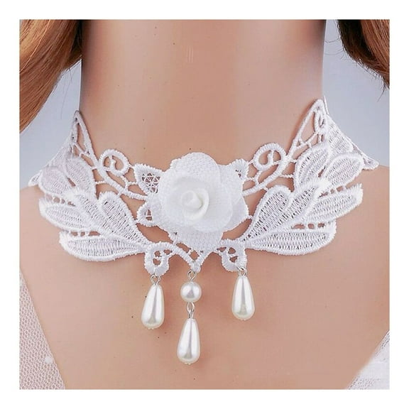 HUANLEDASH Women Party Necklace Hollow Out Lace Faux Pearl Decor Tassel Prom Cosplay Halloween Carnival Choker Wedding Performance Neck Jewelry