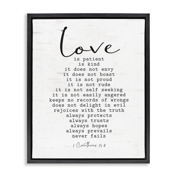 Stupell Industries Traditional Love Is... Spiritual Scripture Inspirational Religious Sentiment Black Floating Frame Canvas Art, 17 x 21, by Lettered and Lined