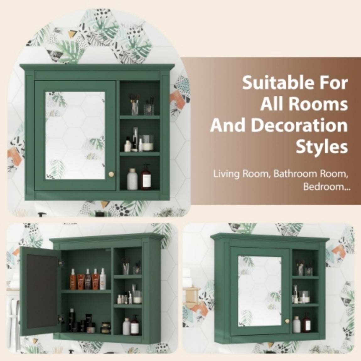 30"x 28" Wall Mounted Bathroom Medicine Cabinet with Mirror, Bathroom Storage Cabinet with Adjustable Shelf & 3 Open Shelves, Modern MDF Mirror Cabinet, Green