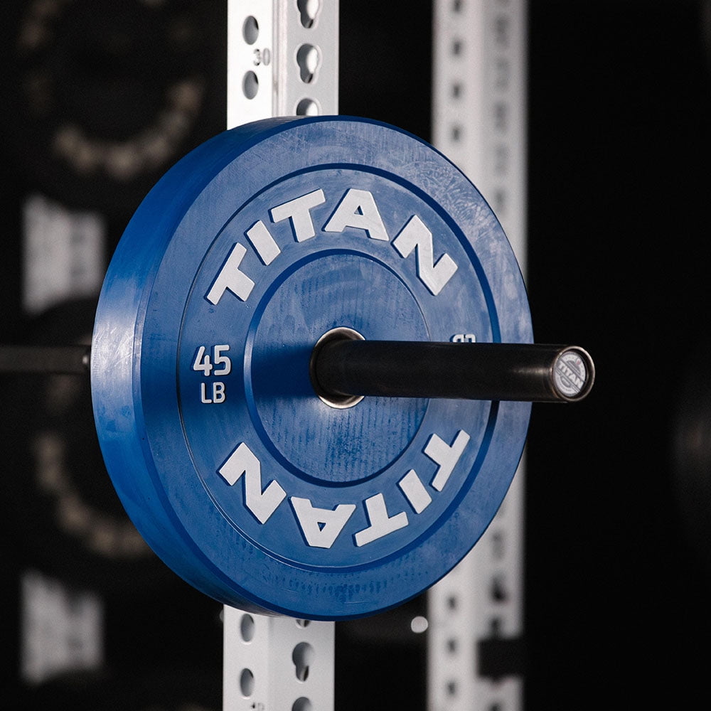 Titan Fitness 45 LB Economy Olympic Bumper Plate, Color-Coded by IWF Standards, Low Bounce Rubber with Steel Insert