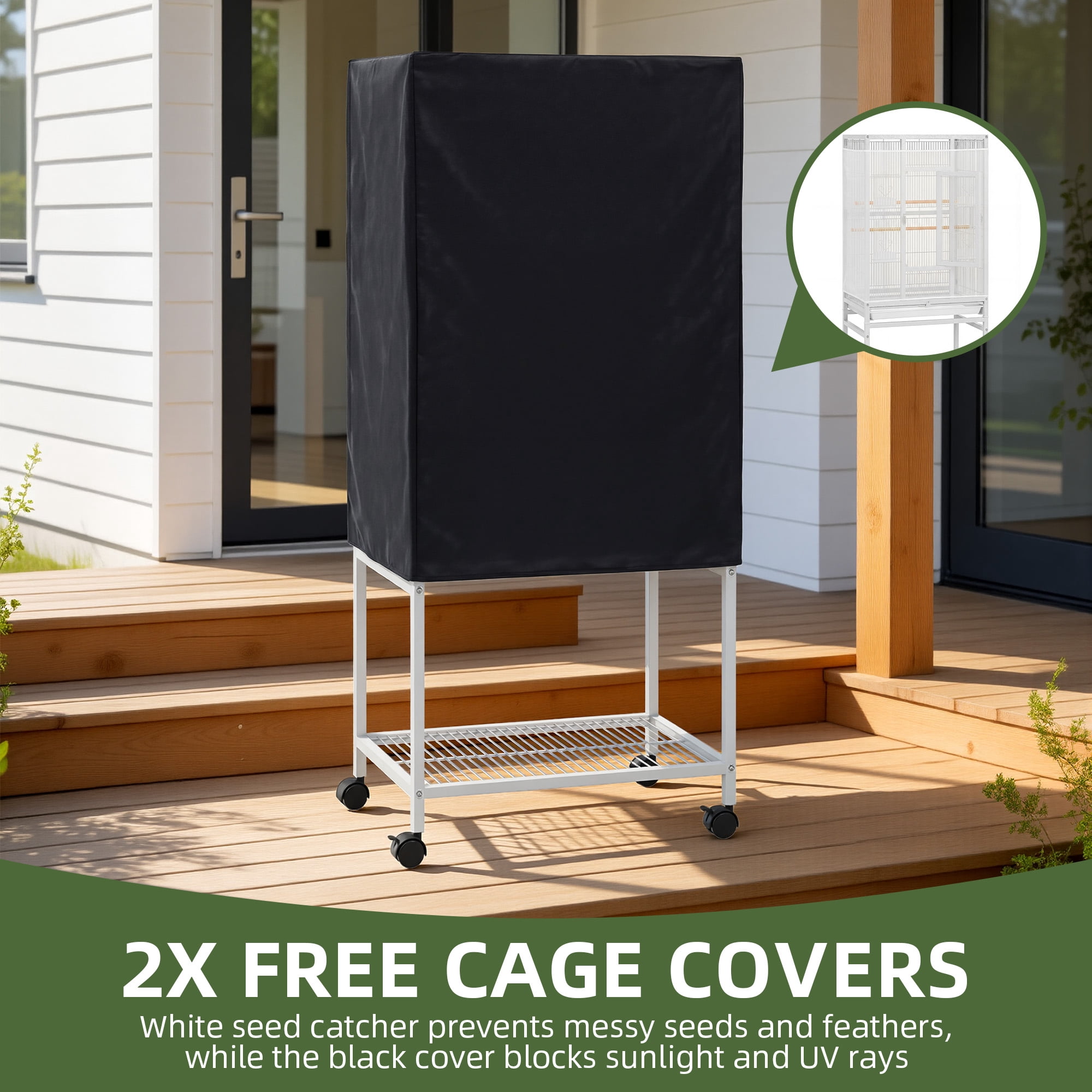 Uforic 53" Metal Birdcage with Rolling Stand and Castor Wheels, Large Parrot Cage with 2 Perches and 4 Feeders, Spacious storage rack sits, White