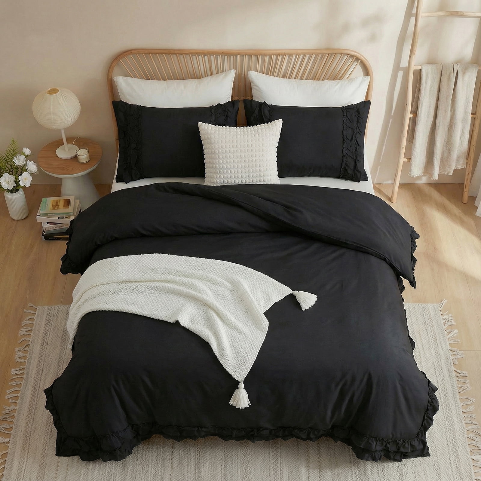 100% Cotton Ruffled Comforter Set Queen, White Shabby Chic Farmhouse Bedding Set French Country Cute Comforter Set