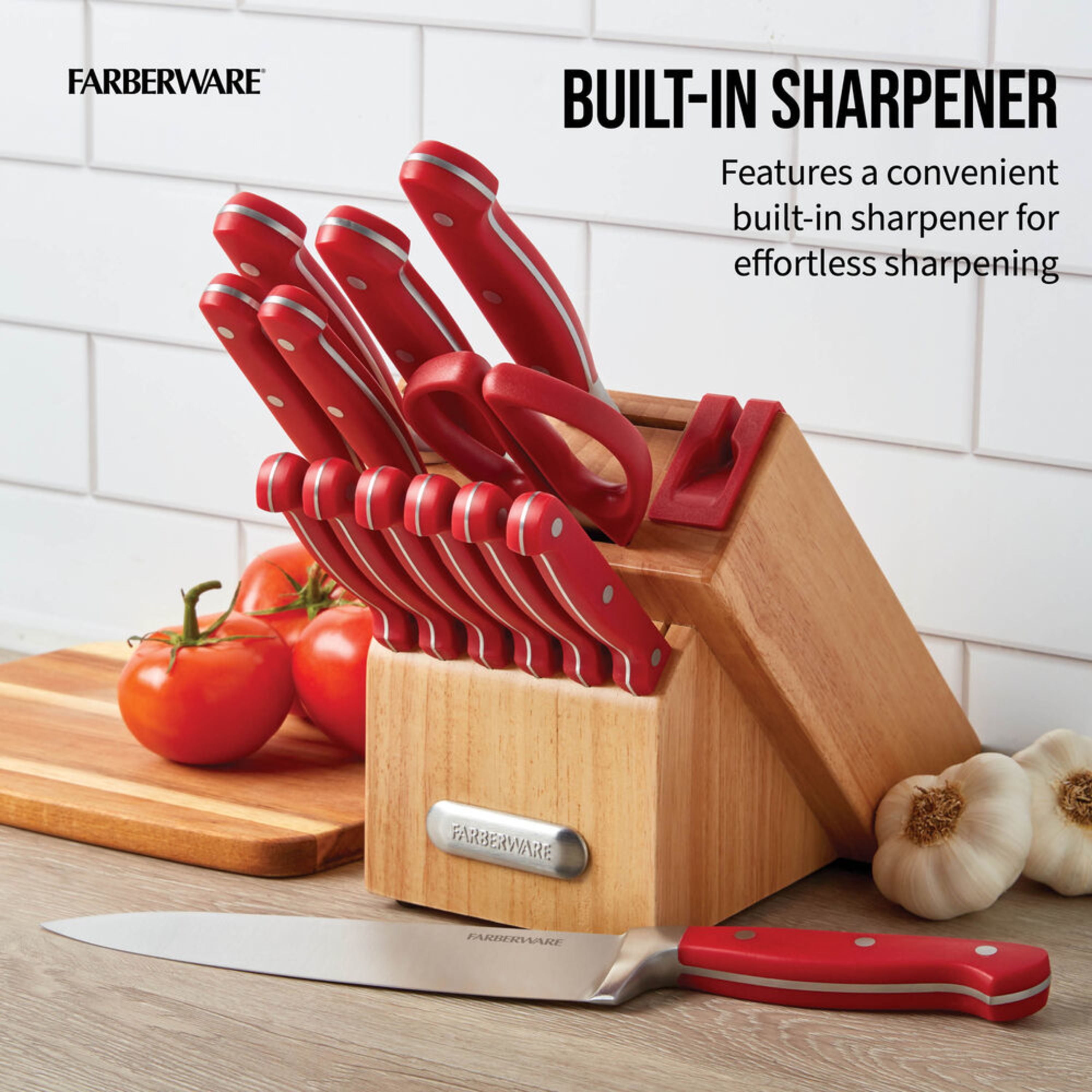 Farberware Edgekeeper Triple Riveted Slim Knife Block Set with Built in Sharpener, 14-Piece, Navy