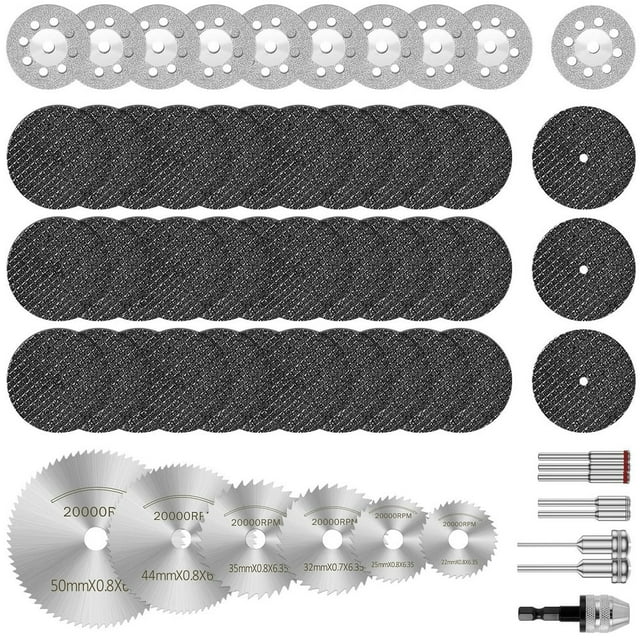60Pcs Jeu de Roues de Coupe Outil Rotatif Multi-Usage Mini-Roues de Coupe Haute Efficacité HSS Scie Lame Disque de Coupe Résine Roue de Coupe avec Mandrins pour le Bois en Métal Plastique