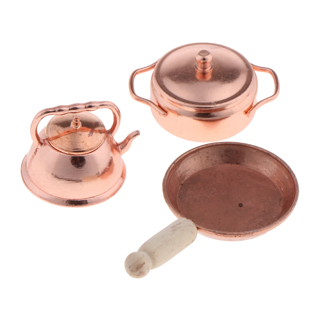 1:12 Dollhouse miniature bronze frying pan pot kettle cooking kit PLUS 