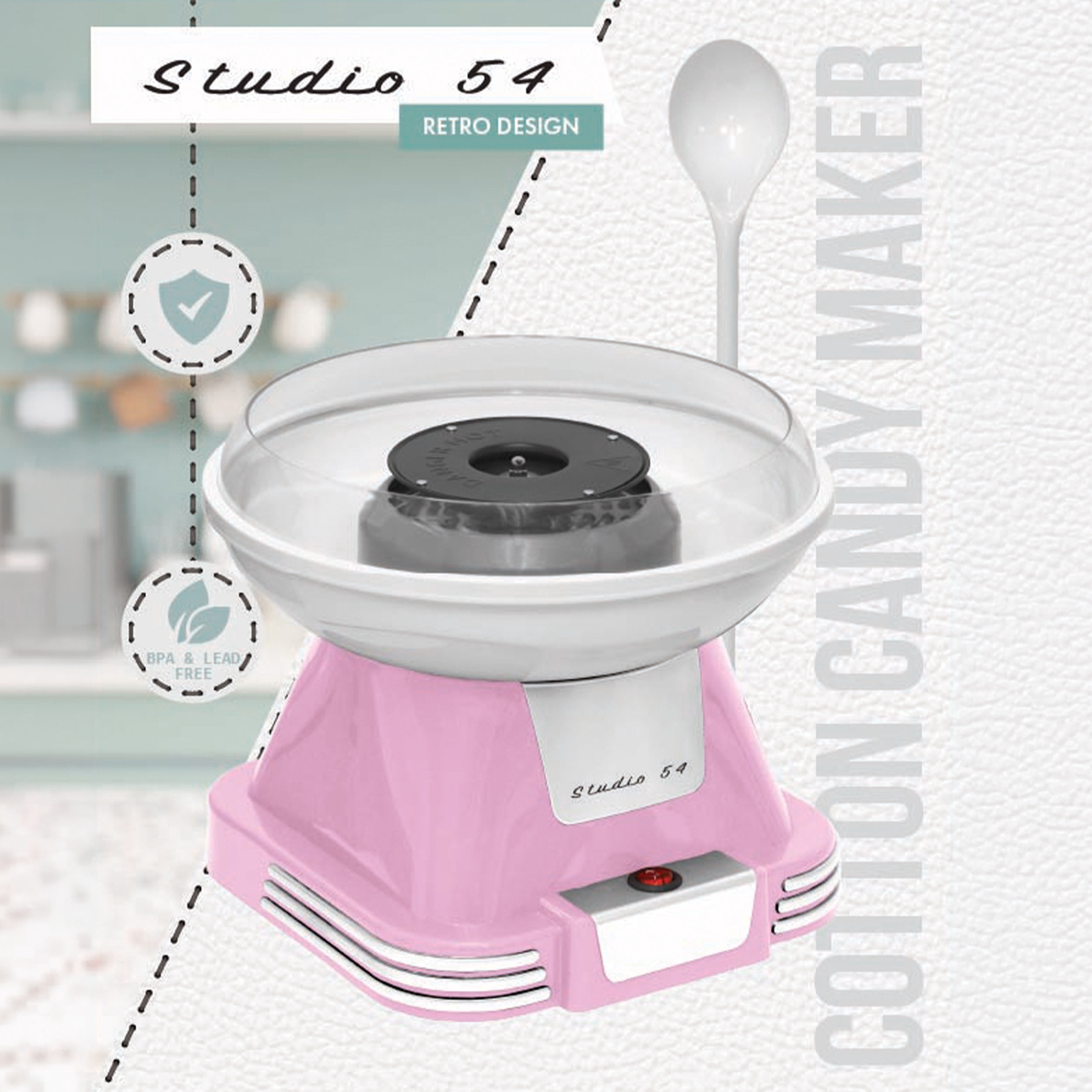Studio 54 Retro Cotton Candy Machine with 5 Jars (11oz Each) Floss Sugar, 50 Paper Cones, Easy Cleanup Cotton Candy Maker, Durable Retro Design, Makes 20–30 Servings per Jar, BPA & Lead Free
