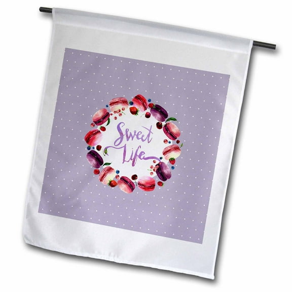 3dRose, Sweet Life - Purple Polka Dot Pattern With Macarons Wreath Typography, 12 x 18 inch Garden Flag