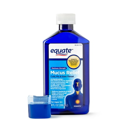 Equate Maximum Strength Mucus Relief: Cold, Flu & Sore Throat Liquid, 650 mg, 9 fl oz