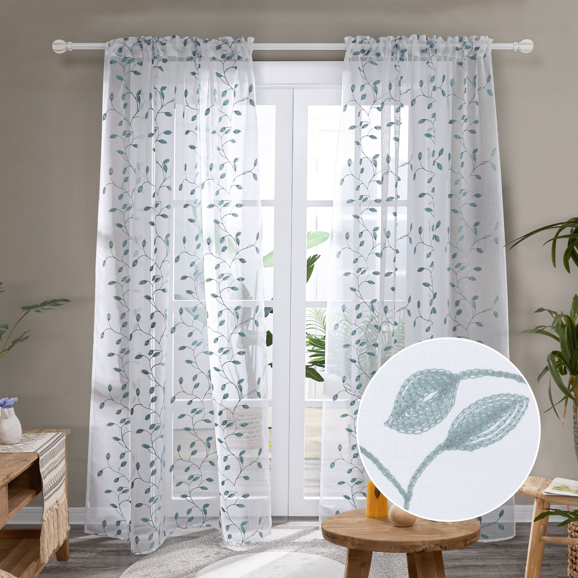 Bedroom Door Beige Floral Curtain Design Fabric Drapes Sheer Eyelets Rod Pockets 