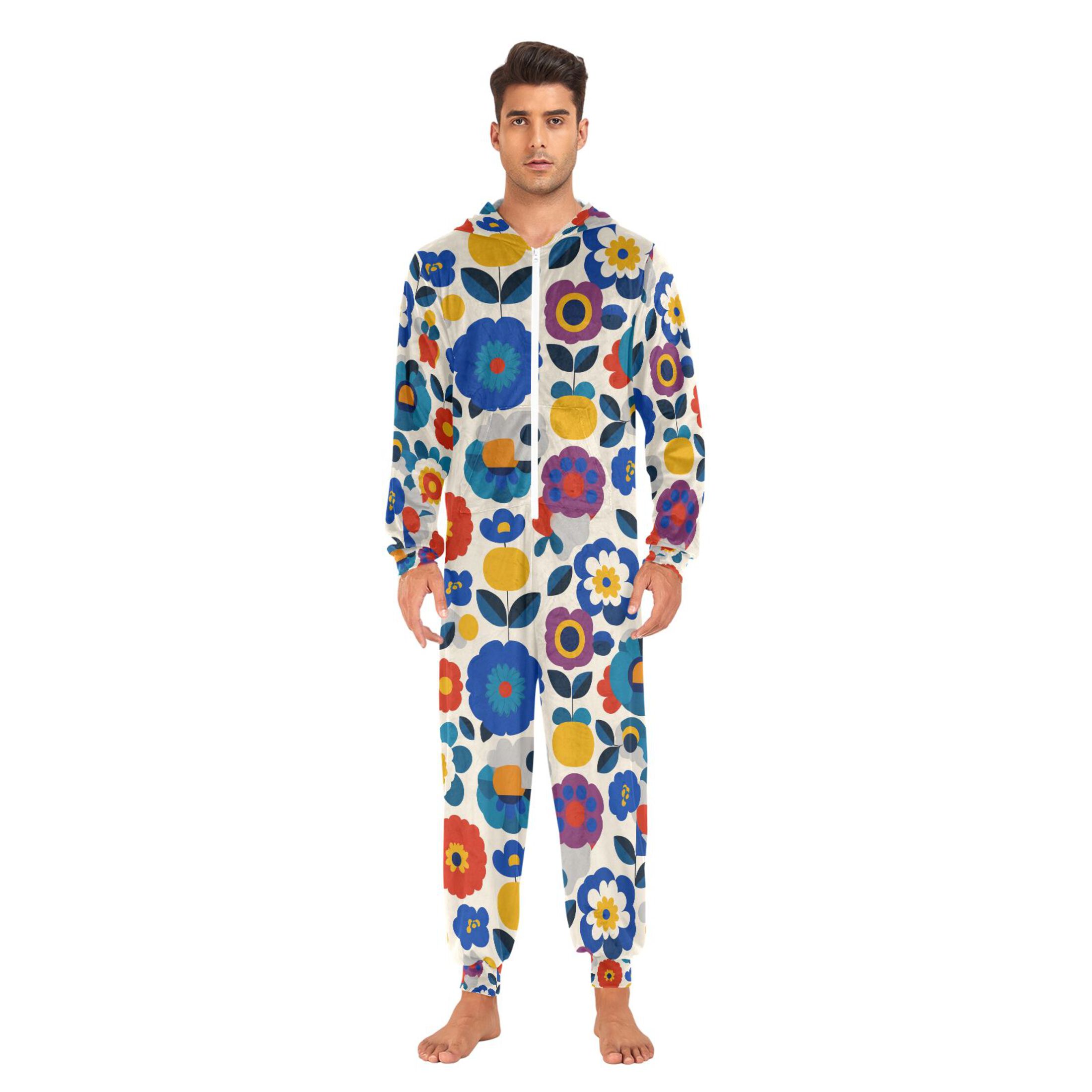 Adult Christmas Onesie Retro Bright Flowers Adult Zipper One-Piece Pajamas Unisex Pajamas with Pockets