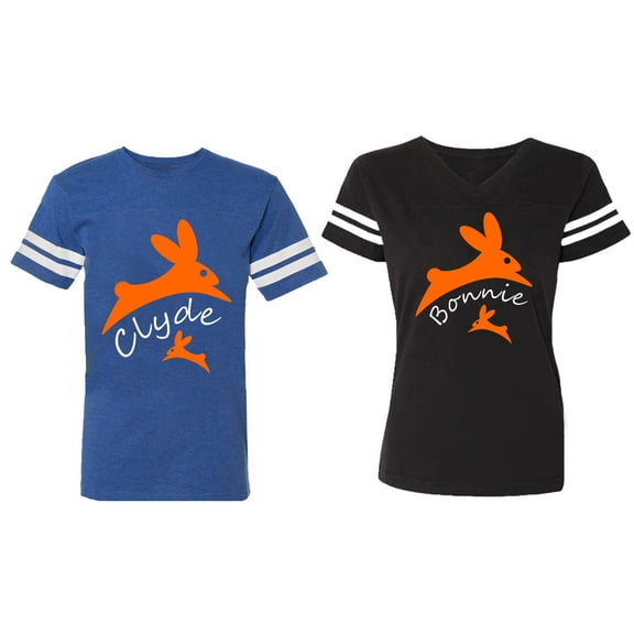 Clyde Bonnie Matching Couple Cotton Jerseys (Men Royal / Women Black) (Men S / Women S)