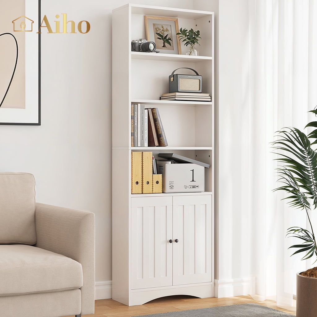 Aiho 71" H Bookcase, 6-Shelf Bookcase with Adjustable Shelves & Doors for Home Office, Living Room, Bedroom - White