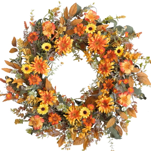 Tempus 22 in Artificial Fall Wreaths for Front Door Yellow Orange Chrysanthemum
