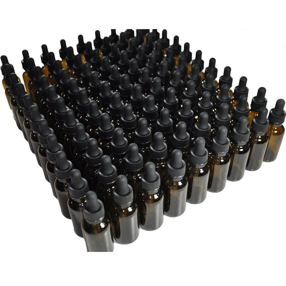 DropperStop 1oz Amber Glass Dropper Bottles (30mL) with Tapered Glass Droppers - Pack of 99