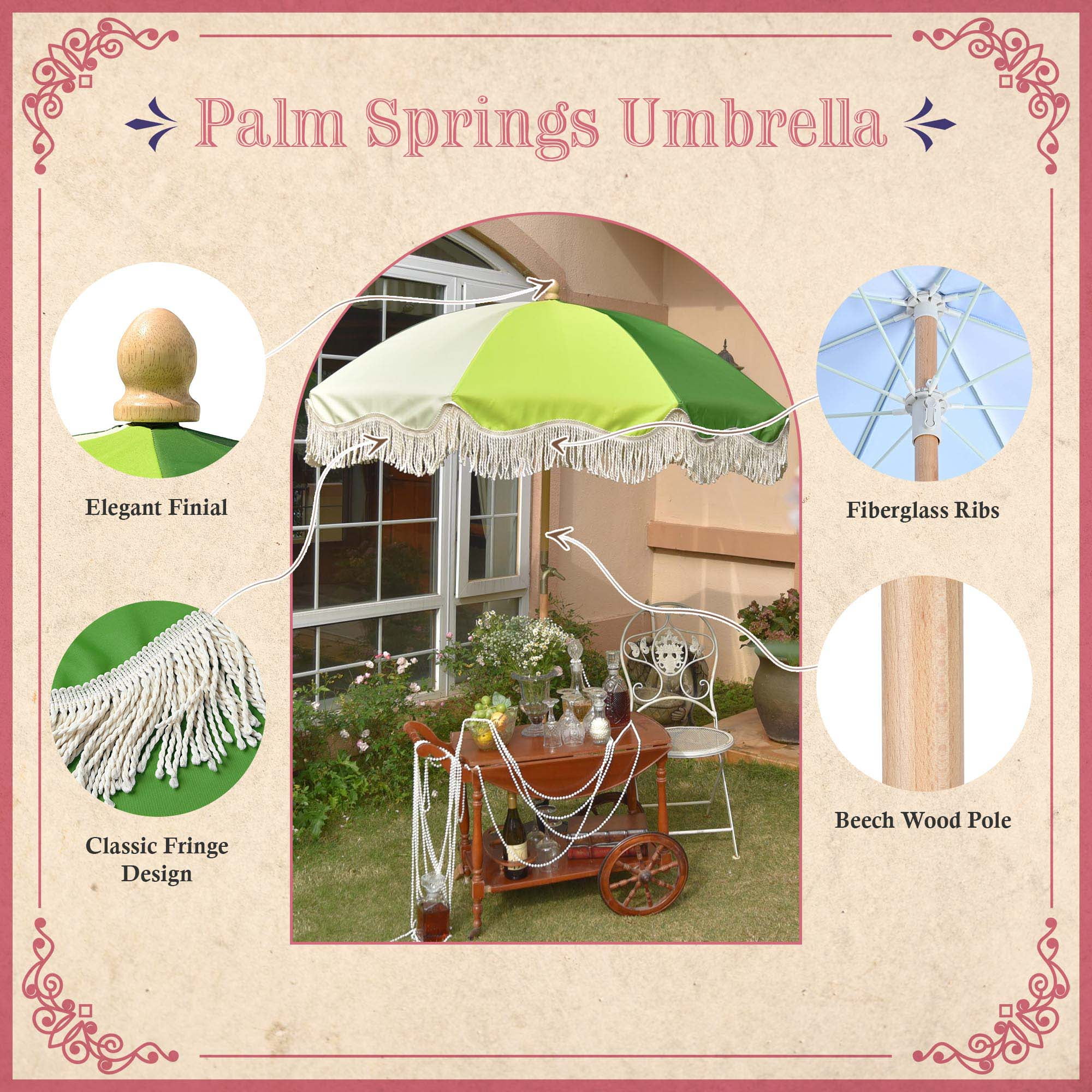 LAGarden 6Ft Fringe Patio Umbrella with Tassels & Carry Bag 50 / 60s Vintage Style Umbrella Wood Green,Model: PS6-04