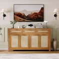 thumbnail image 4 of 63 Inch Farmhouse Rattan Sideboard Buffet, Oak Color Storage Credenza with 3 Drawers, 4 Doors and Adjustable Shelves for Dining Room & Entryway, 4 of 7