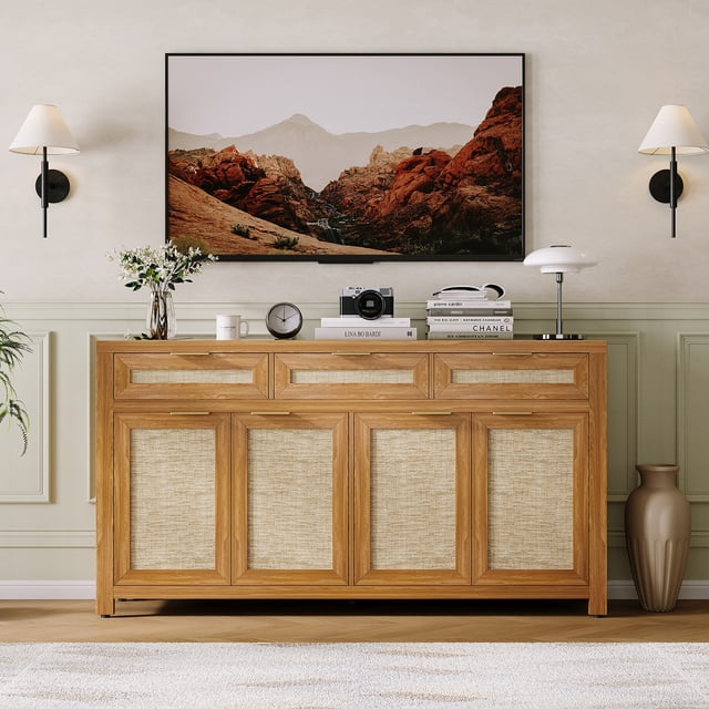 63 Inch Farmhouse Rattan Sideboard Buffet, Oak Color Storage Credenza with 3 Drawers, 4 Doors and Adjustable Shelves for Dining Room & Entryway