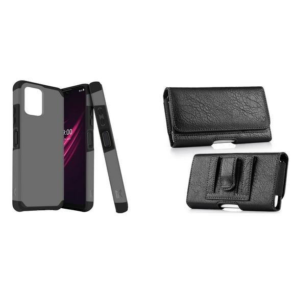 Case and Pouch Bundle for REVVL 6 5G: Dual Layer Slim Case (Grey) and Coin Card Wallet Belt Holster