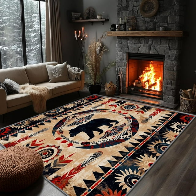 Yoozitrees Southwestern Rugs for Living Room - Southwestern Rug, 4x5 Rug, Aztec Tribal Bear Geometric Rustic Area Rug, Vintage Ethnic Wildlife Carpet, Washable & Non Slip Large Rugs, Aztec Home Decor
