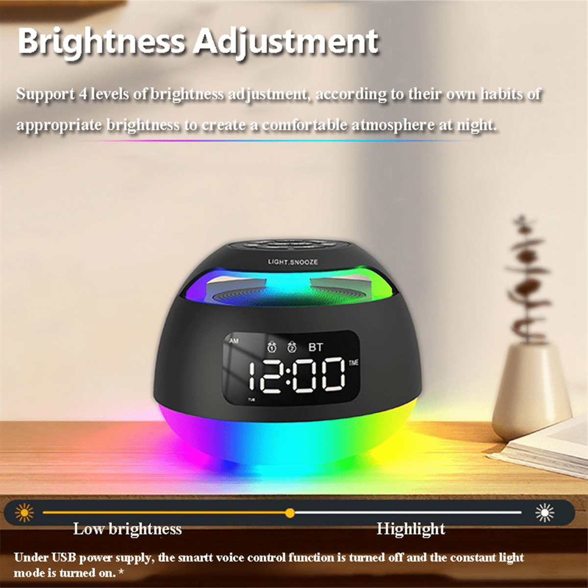 Portable LED Alarm Clock Radio  ColorfulLight Radio Receiver Wireless Bluetooth Speaker with DualAlarm Clock Snooze,B