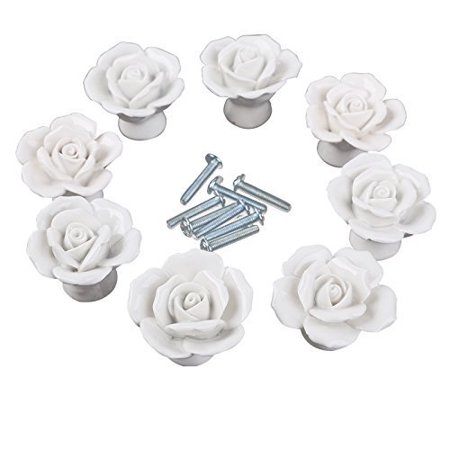 Cskb White Flower Rose Door Knobs Screw Floral Vintage Ceramic